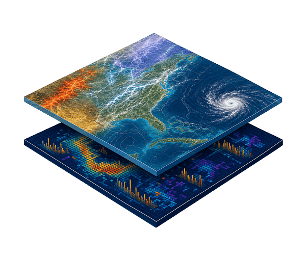U.S. weather hazards above a layer of disaster cost charts and data