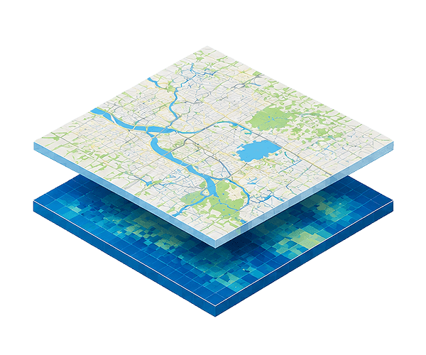 A map of roads and waterways above a colored geospatial data layer
