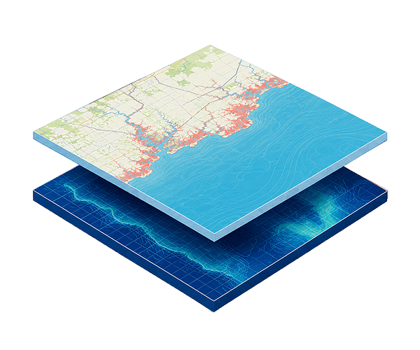 Coastal flood exposure and elevation data shown as stacked map layers