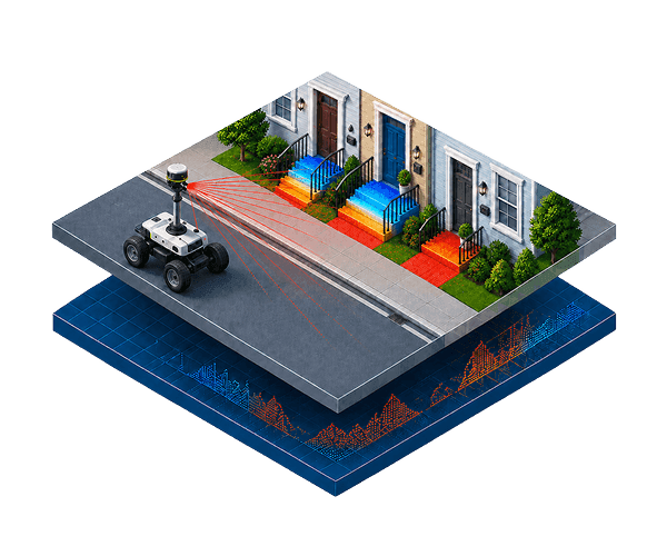 Building entrances and a street elevation scan above a layer of elevation data