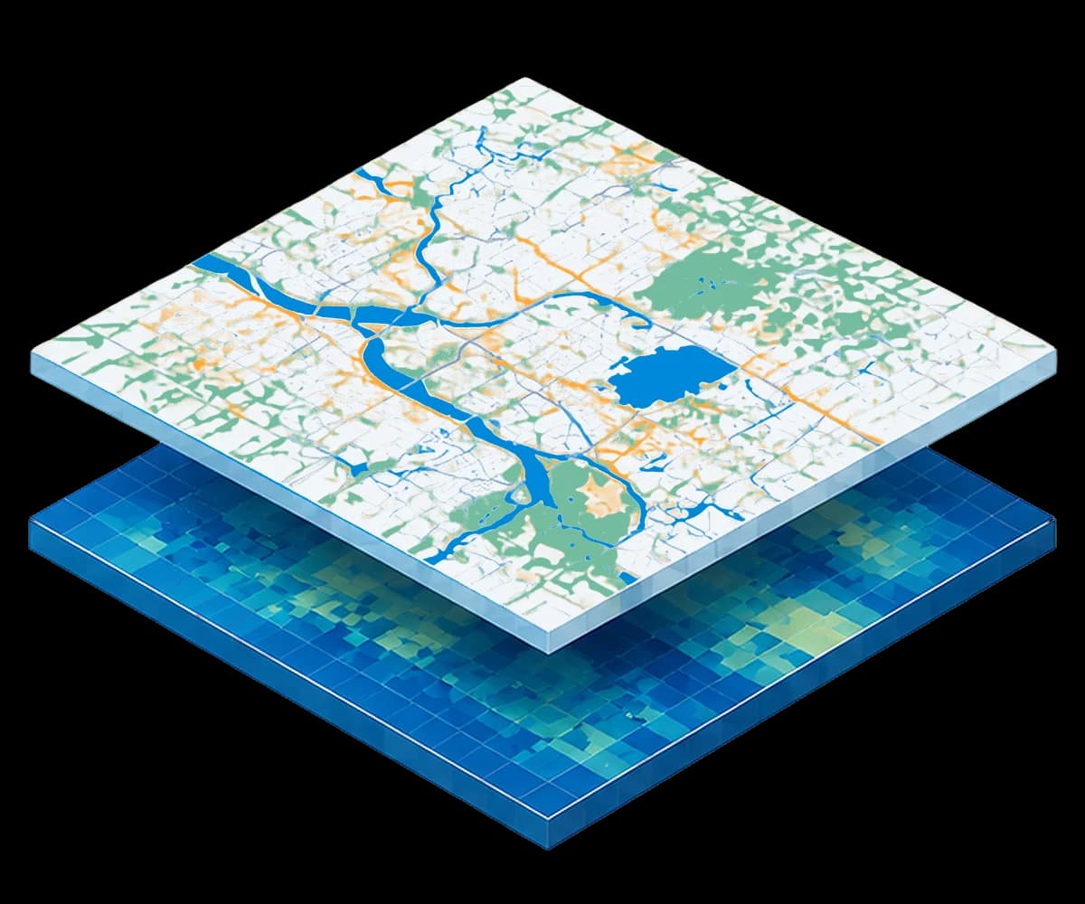 A street map layer floating above a gridded coastal elevation layer