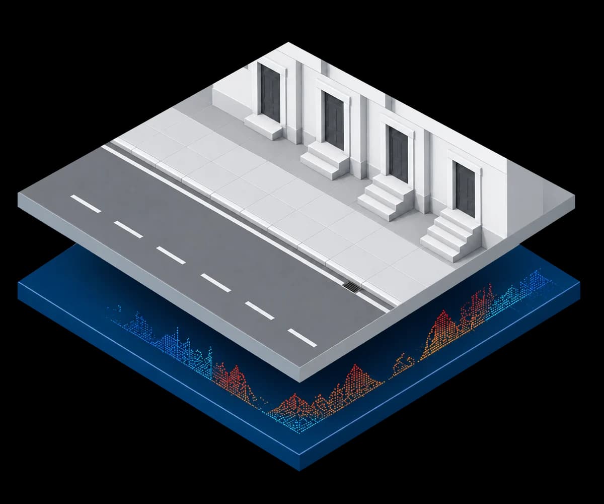 A street of building entrances above a layer of measured entry-floor elevation data