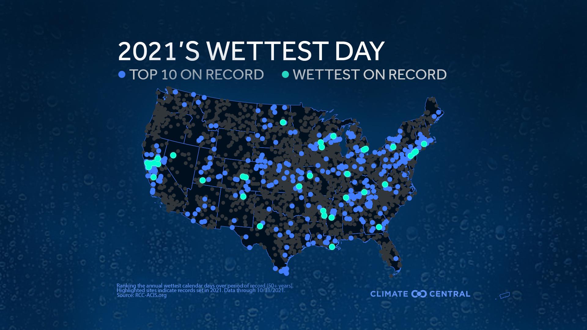 2021's Wettest Day Ranking Map - 2021 Record Rain Days