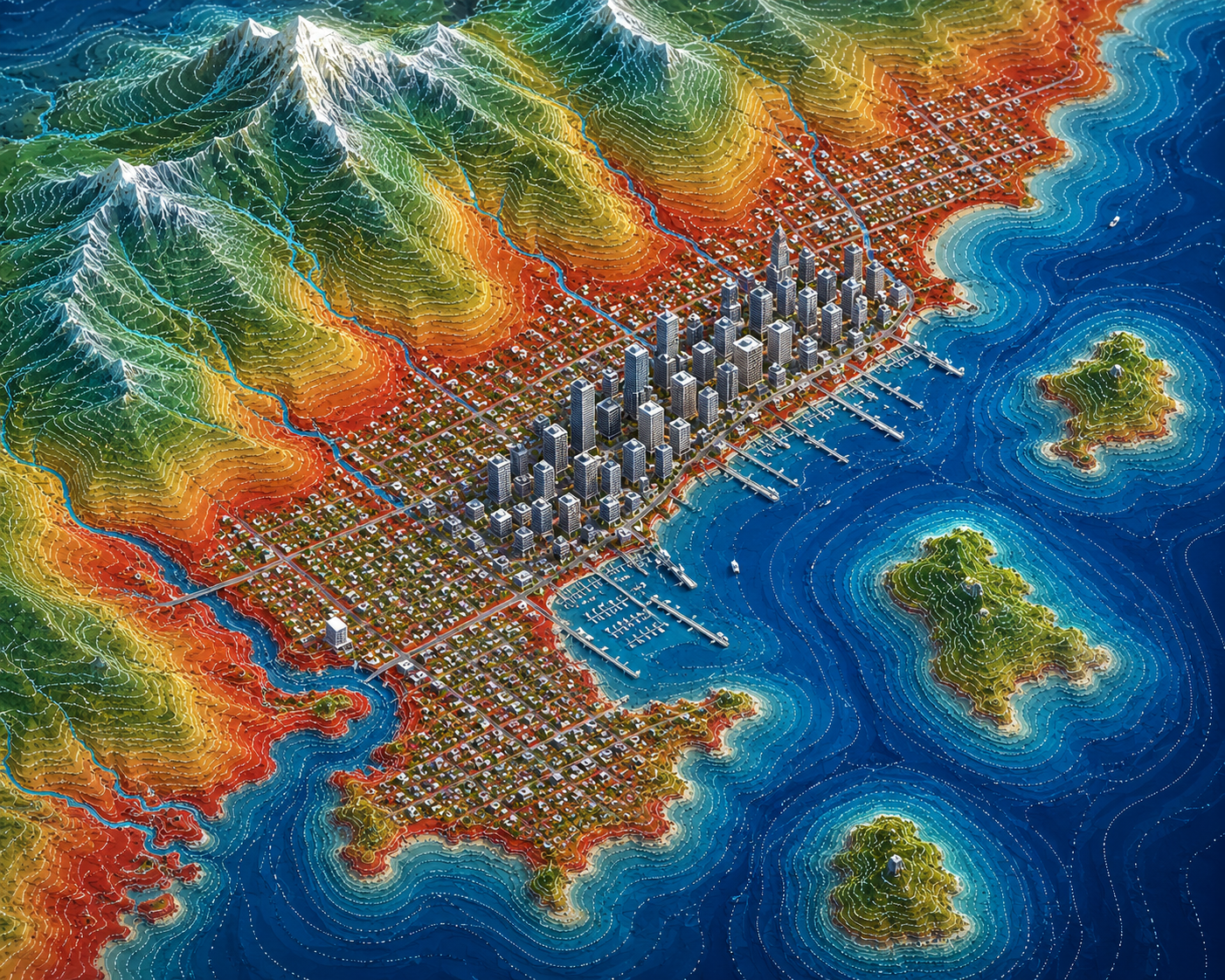 Color-coded elevation contours across mountains, a coastal city, and surrounding water