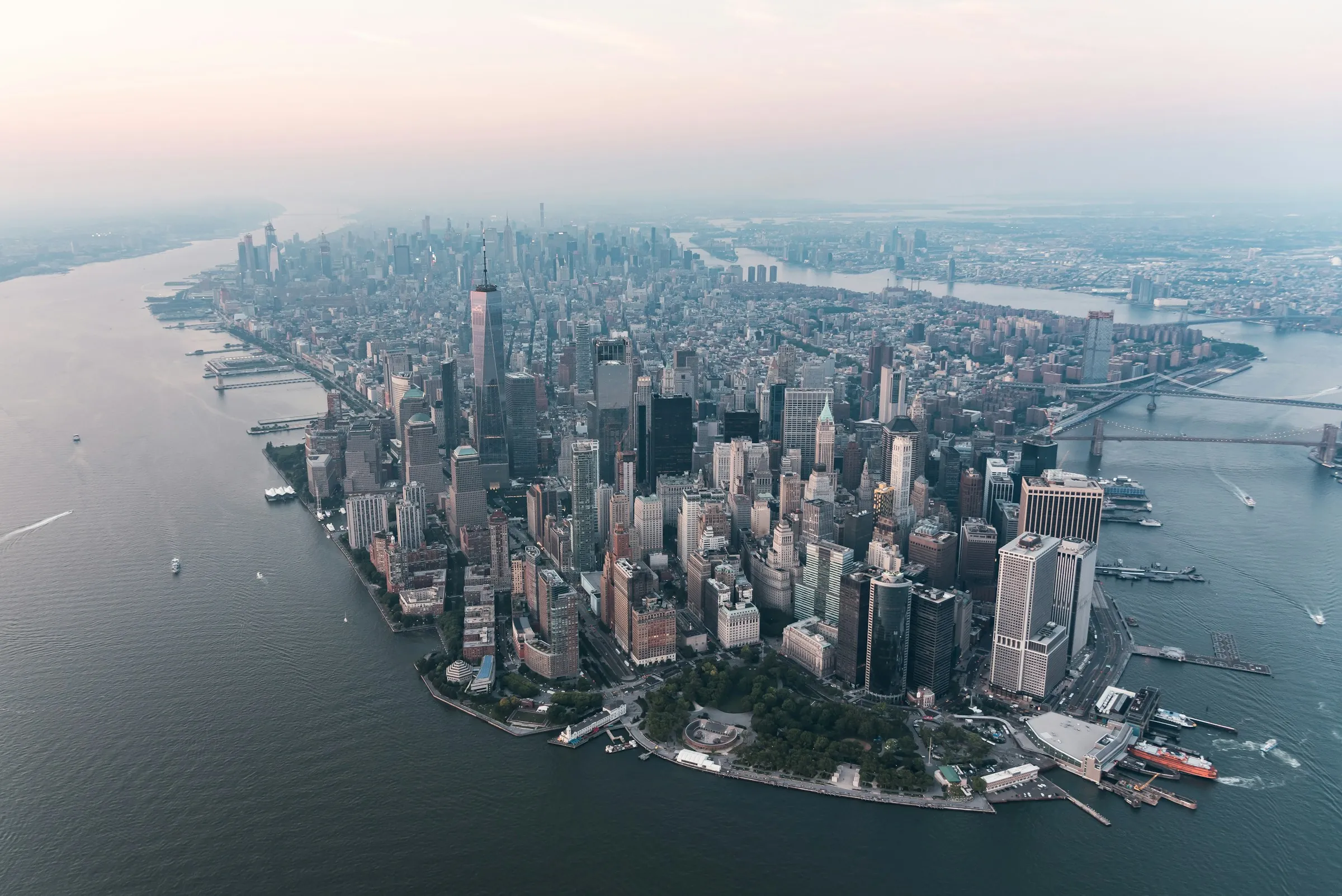Aerial view of Lower Manhattan surrounded by water on three sides